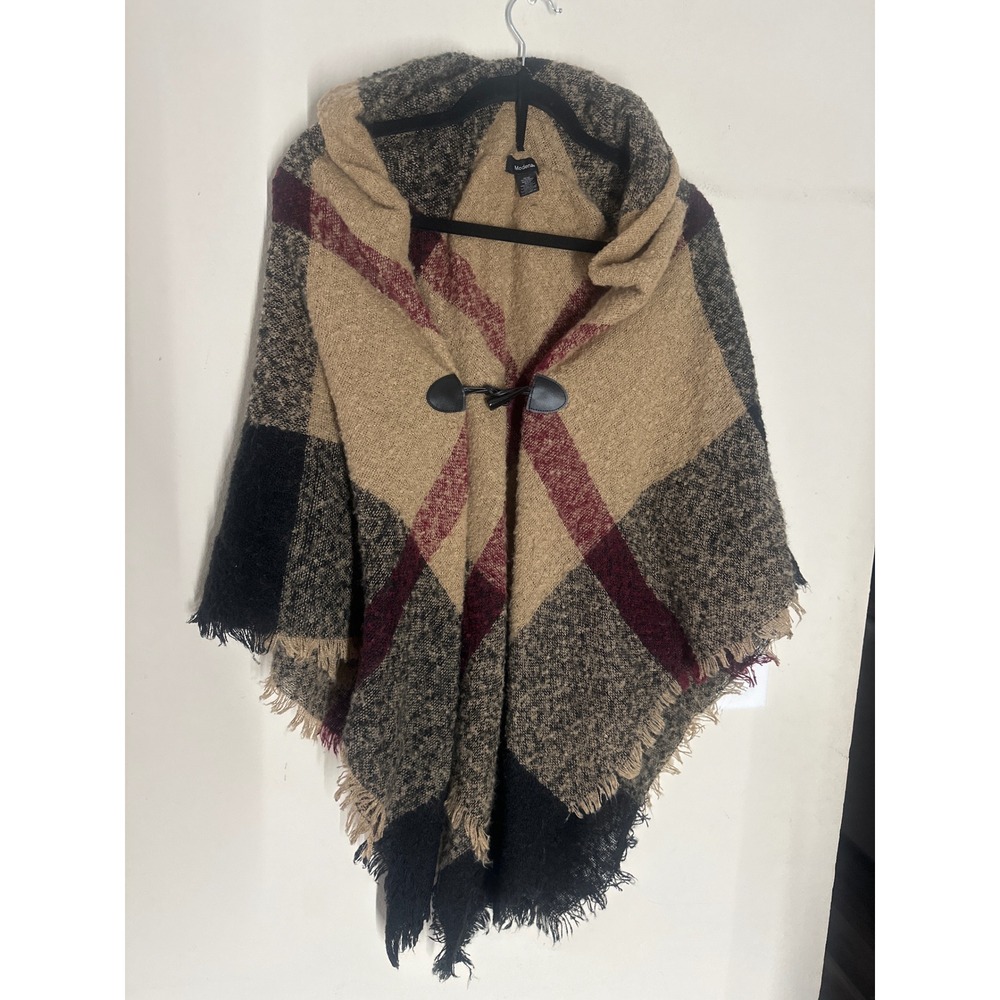 Moderna One Size Cozy Shawl Hooded Plaid Toggle Wrap Poncho Tan Burgundy Black